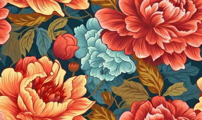  a bunch of flowers that are on a blue background with orange and red flowers on it and green leaves on the side of the flowers.  generative ai
