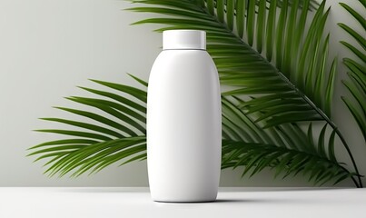  a white bottle next to a green plant on a white table with a white wall in the background and a green palm leaf behind it.  generative ai