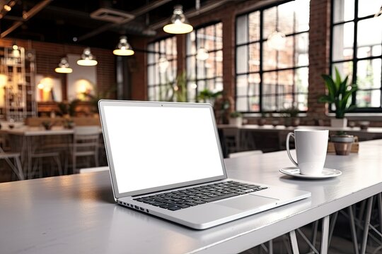 Mockup of a laptop with a blank screen on a white computer desk in an interior cafe with a bokeh blurred background. Generative AI