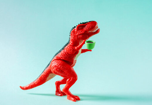 Red toy dinosaur holding cup of coffee on blue background.
