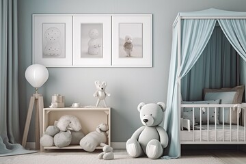 Fototapeta na wymiar mock up poster frame for a boy baby shower with a lovely teddy bear. Generative AI
