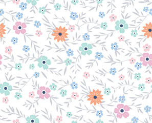 Minimal ditsy flower in multi color with hand drawn leaves seamless pattern