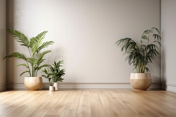 Fototapeta na wymiar mockup of an empty room with plants has a hardwood floor. Generative AI
