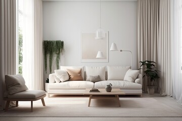 Fototapeta na wymiar Neutral interior mockup of a modern living area with a sofa. Generative AI