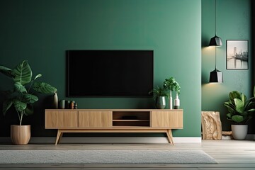 Modern living room furnishings with a TV cabinet against a green wall background. Generative AI