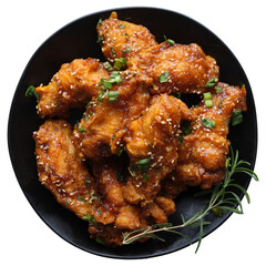 korean fried chicken wings with soy garlic sauce transparent background shot from overhead view  - 616230858
