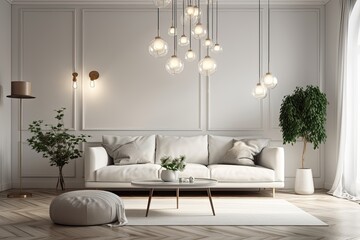 Modern white home with a sofa, lamps, and decorations. mockup for an illustration. Generative AI