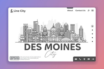 Des Moines, Iowa, USA architecture line skyline illustration. Linear vector cityscape with famous landmarks, city sights, design icons. Landscape with editable strokes.