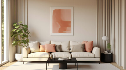 Stylish Living Room Interior with Mockup Frame Poster, Modern interior design, 3D render, 3D illustration