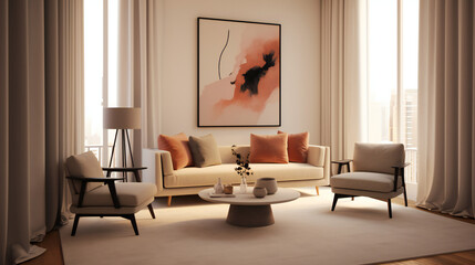 Stylish Living Room Interior with Mockup Frame Poster, Modern interior design, 3D render, 3D illustration