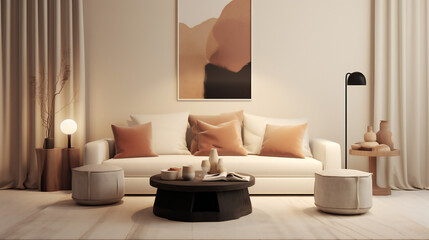 Stylish Living Room Interior with Mockup Frame Poster, Modern interior design, 3D render, 3D illustration