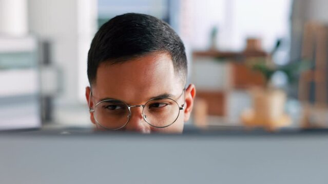Computer, business man reading and thinking with data analytics and report in office. Internet research, digital work and professional working on tech for a website design project and online strategy