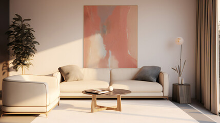 Stylish Living Room Interior with Mockup Frame Poster, Modern interior design, 3D render, 3D illustration