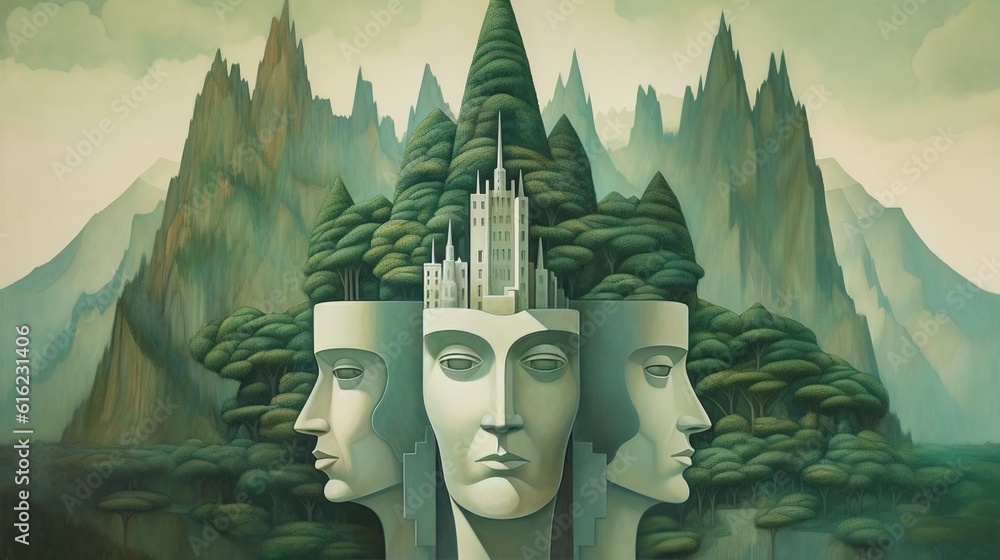Aufkleber a picture of three different faces superimposed over another picture of a castle.