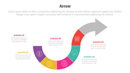 arrow or arrows stage infographics template diagram with circular shape right direction and 5 point step creative design for slide presentation