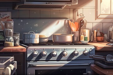 Mockup digital illustration of cooking and baking kitchen equipment. Generative AI