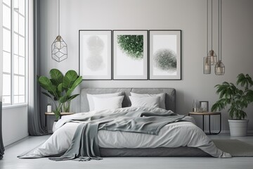mock up of poster frames in a contemporary gray bedroom,. Generative AI