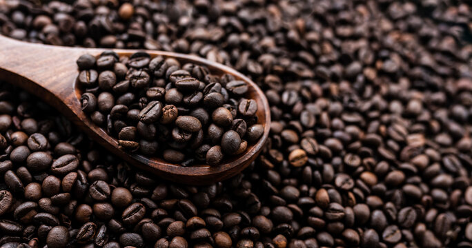 Coffee beans panoramic image, Roasted coffee beans with scoop