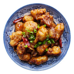 chinese general tso's chicken stir fry in plate on transparent background shot from overhead view  - 616232034