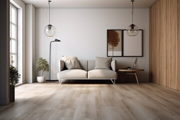 Fototapeta premium Mockup of an empty living room with a white painted wall and a brown old wooden floor. can be applied to interior design. Generative AI