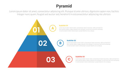 pyramid shape triangle stage infographics template diagram with vertical shape direction circle badge and 3 point step creative design for slide presentation