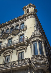 Fototapeta na wymiar Barcelona, Spain - May 22, 2015: Residential building Plaza de la Boqueria, La Rambla street in Barcelona