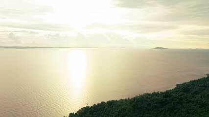 Aerial drone view of seascape scenery with at Tinggi Island or Pulau Tinggi in Mersing, Johor, Malaysia