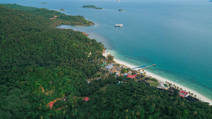 Aerial drone view of seascape scenery with at Tinggi Island or Pulau Tinggi in Mersing, Johor, Malaysia