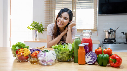Woman happy with vegetables in the bowl for cooking.