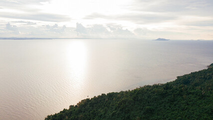 Aerial drone view of seascape scenery with at Tinggi Island or Pulau Tinggi in Mersing, Johor, Malaysia