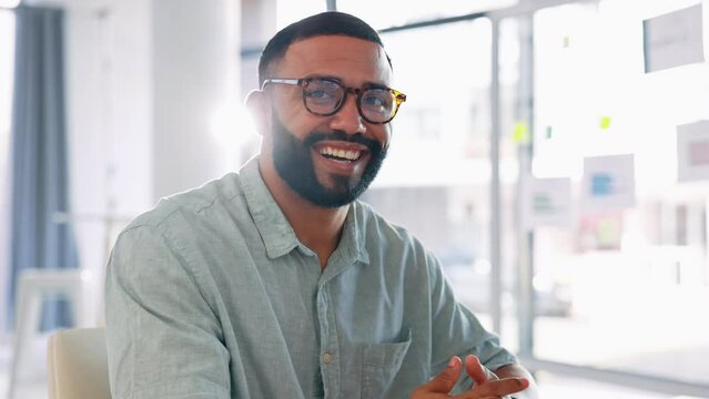 Programmer, computer or face of happy man in office excited or empowered with positive mindset. Portrait, confidence or proud web developer smiling with vision, glasses or mission focus at a pc desk