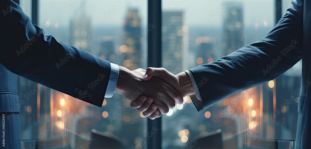 Poster two businessmen shaking hands in front of a window generative ai