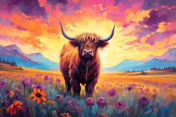 Foto op Plexiglas Watercolor illustration of a highland cow with flowers. Mountain view. Vibrant colors. Orange sky © Maxim Stepanov