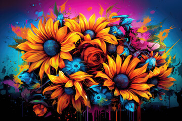 Abstract painting of sunflowers on bright background. Graffiti style.