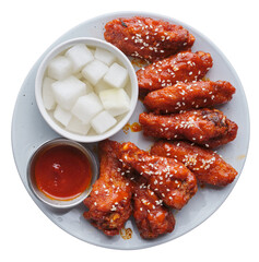 korean fried chicken wings with gochujang sauce on transparent background shot from overhead view 
