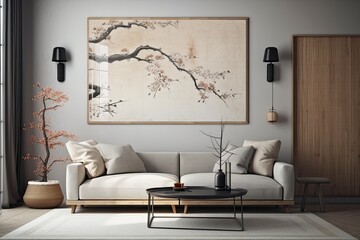 Mockup picture frame above lovely wall in living area with traditional Japanese design,. Generative AI