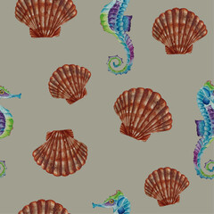 Watercolor seamless pattern with seahorse and scaloops.