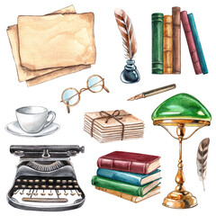 Vintage writer's set. Watercolor hand drawn illustrations of a book, typewriter, paper, inkwell and quill, fountain pen, table lamp. Clipart for the design of the blog of the author of books.