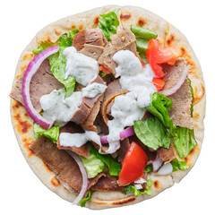 greek gyro with tzatziki sauce on transparent background shot from overhead view 