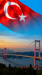 15 temmuz or july 15 concept vertical photo. Turkish Flag and Bosphorus Bridge