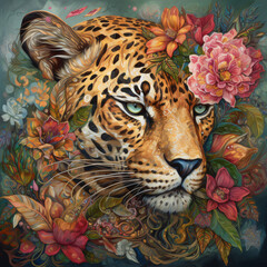 A leopard with flowers on its head Generative Ai