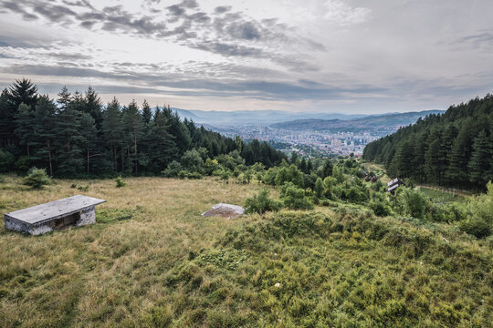 Aerial view from damaged and abandoned house on the slope of Trebevic mountain in Sarajevo, Bosnia and Herzegovina