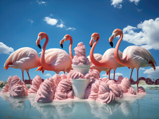 Flamingos eat ice cream in the pool