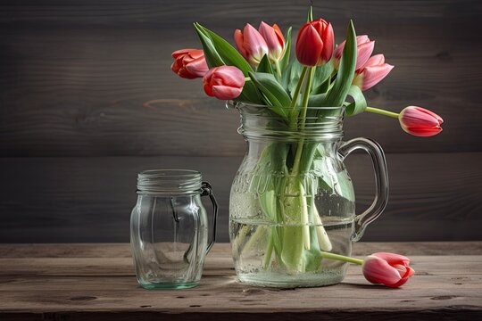 Mother's Day design concept tulip flower arrangement in glass vase with heart shaped greeting, watering can decorations on wooden table background wall, close up. Generative AI