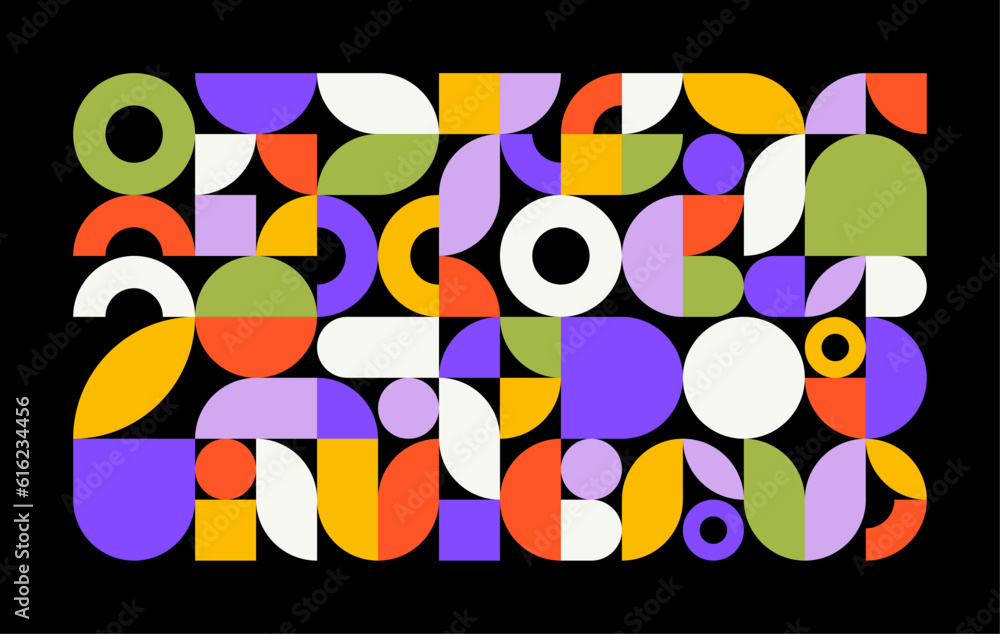 Poster geometric minimal pattern. simple colorful circle shapes, modern bauhaus background, abstract swiss 