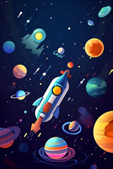 Cartoon illustration Of Space. Space flat background with rocket, planets and stars. Galaxy illustration for kids. Generative AI