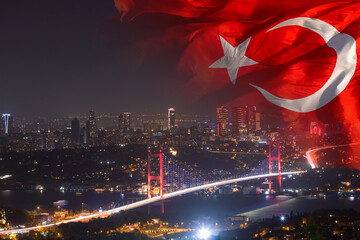 15 Temmuz or 15th july concept photo. Waving Turkish Flag and Bosphorus Bridge