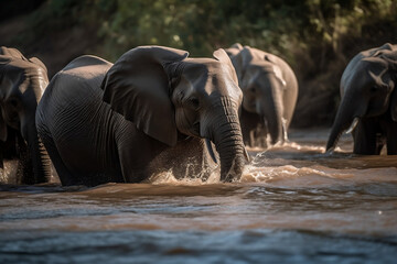 Fototapeta na wymiar Harmony of Giants: A Family of Sri Lankan Elephants Emerges from the River