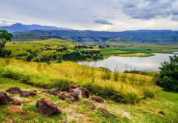 Fototapeta na wymiar Drakensberg mountain escarpment and bell park dam around Cathkin park in Kwazulu natal South Africa