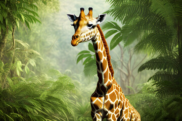 Obraz premium Giraffe in the jungle. 3D rendering. Illustration.